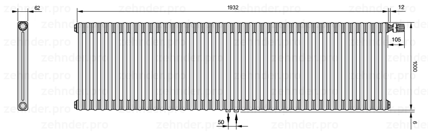 Схема (чертеж) Радиатор Zehnder Charleston 2100/42 №V008 Белый глянцевый RAL 9016